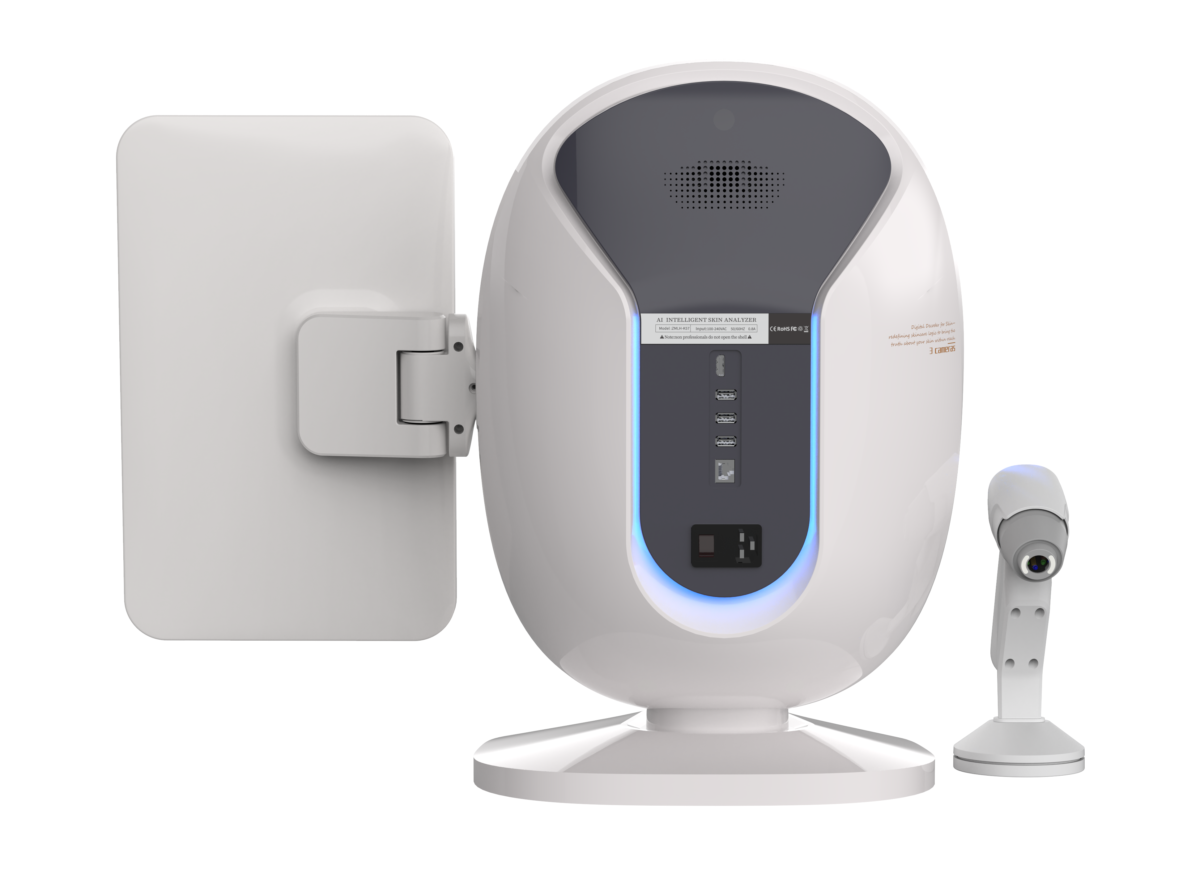 AI 多光譜皮膚分析儀背面與外接鏡頭實機照片